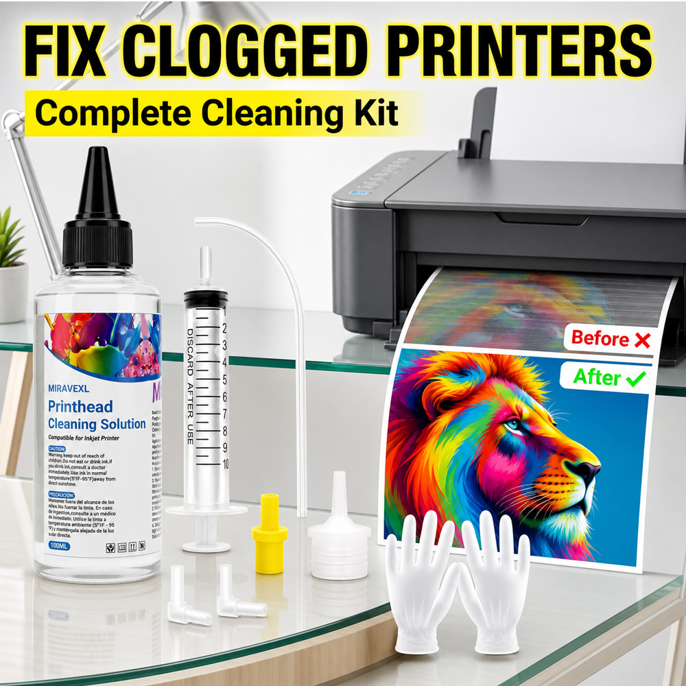 Print Head Cleaning Kit - MIRAVEXL プリントヘッドクリーニングソリューション 100ml キット 詰まったノズルを解消する液体洗浄ツールセット インクジェットプリンター用