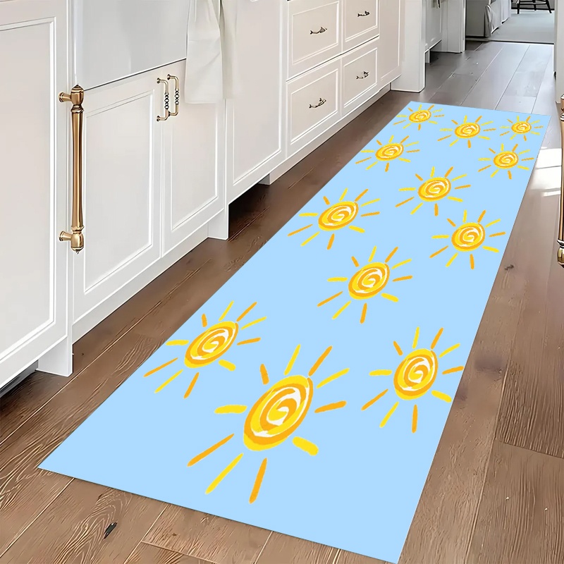 Hall Commercial Printing - かわいい手描きの太陽プリントロングランナーラグライトブルーの背景滑り止めフロアマットホールランドリー陽気なミニマリスト装飾カーペット