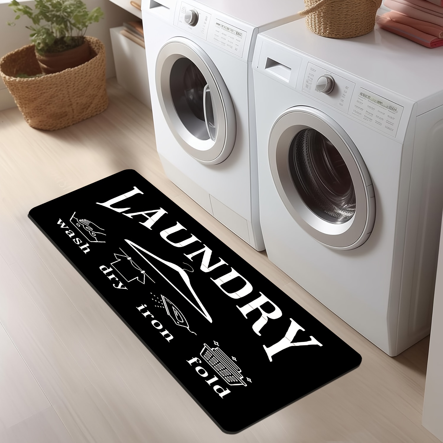 Commercial Printing Icon - ミニマルホワイトランドリーアイコンレタープリント居心地の良い耐久性のあるロングランナーラグソフトフロアマットランドリールームキッチン廊下装飾用