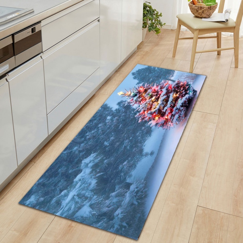 Hall Commercial Printing - 雪のクリスマスツリーの風景がプリントされたランナーラグ、冬の風景柄のロングフロアマット、ホール、キッチン、玄関、室内装飾用カーペット