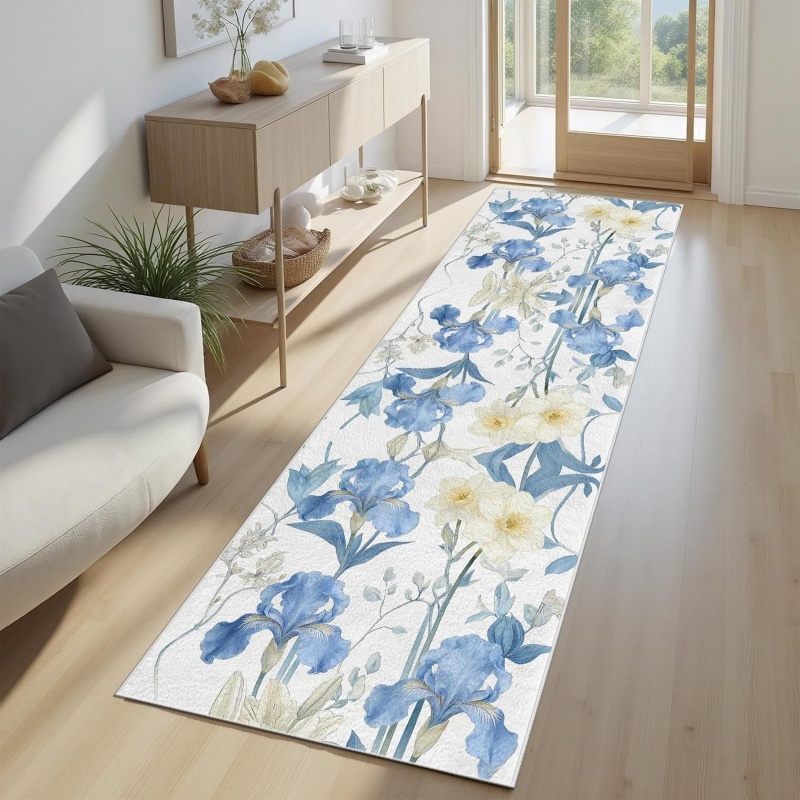 水彩ブルーアイリス花柄ランナーラグエレガントな春の花柄ノンス - Hall Commercial Printing のレビューと価格